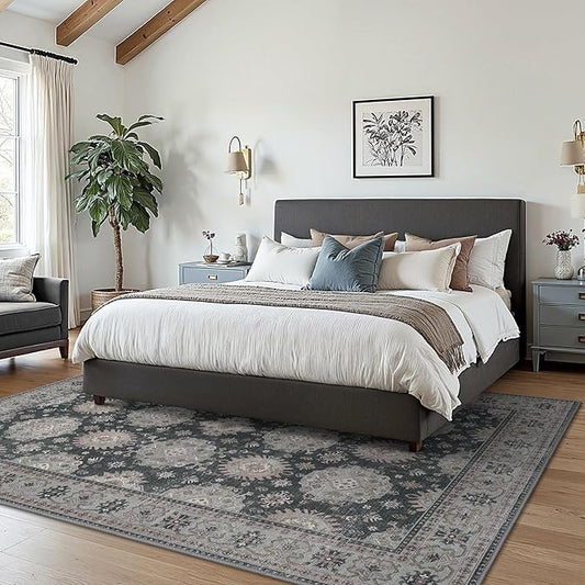 5x7 Area Rug Machine Washable Boho Rug for Living Room,Ultra-Thin Low Pile Carpet,Lightweight Indoor Printed Rug,Non Slip Floral Area Rug for Bedroom, Dining Room, Home Office,Black