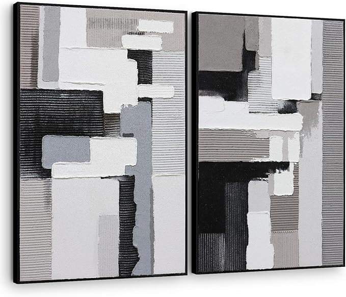 Textured Abstract Wall Art 3D Hand-painted Plaster Neutral Taupe Black White Tones Painting - Distressed Dimensional Minimalist Modern Living Room Bedroom Decor Framed Set of 2-24"x36" Each
