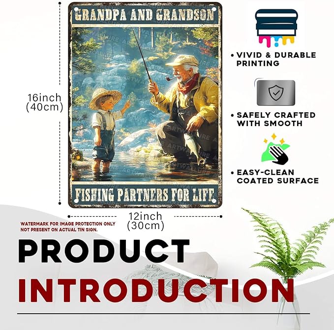 Fun Vintage Fishing Metal Sign Grandpa And Grandson Fishing Partners For Life Metal Poster Home Kitchen Garden Bar Pub Cafe Man Cave Rustic Aluminium Sign 12x16Inch
