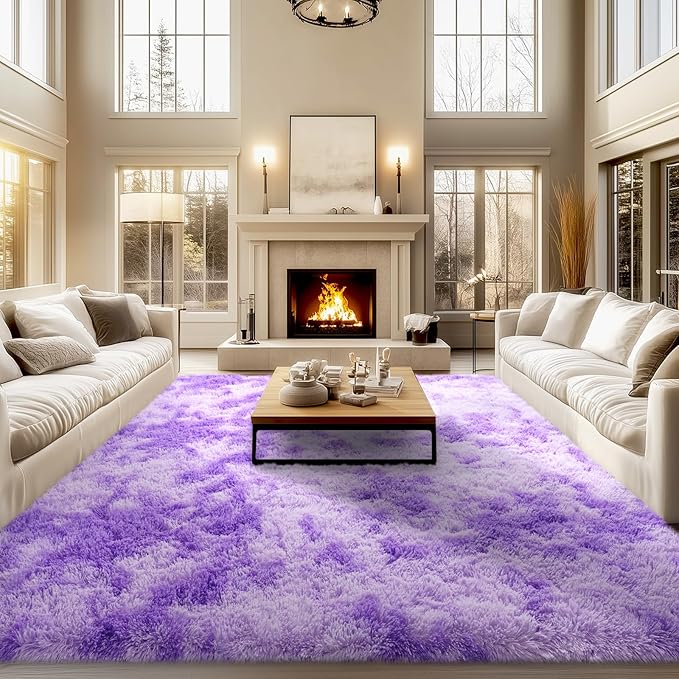 qulint 9x12 Rug for Living Room, Soft Shag Large Area Rug for Bedroom Shaggy Fluffy Nursery Carpet, Plush Fuzzy Alfombra for Boy and Girl Dorm Playroom Home Decor (9ft x 12ft, Tie-Dyed Purple)
