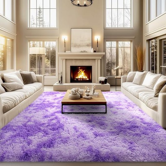 qulint 9x12 Rug for Living Room, Soft Shag Large Area Rug for Bedroom Shaggy Fluffy Nursery Carpet, Plush Fuzzy Alfombra for Boy and Girl Dorm Playroom Home Decor (9ft x 12ft, Tie-Dyed Purple)