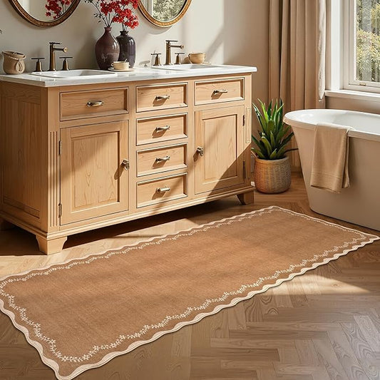 GarveeHome 2.6x10 Scalloped Washable Runner Rug for Kitchen, Soft Brown Long Hallway Runner Non Slip Entryway Rug Farmhouse Thin Laundry Mat Stain Resistant Carpet for Bathroom Beside Rug