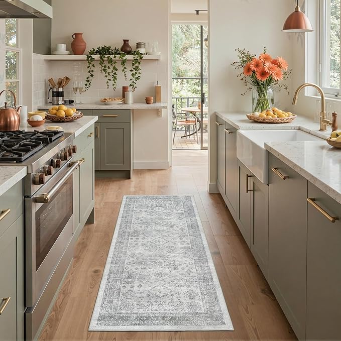 GENIMO 8x10 Area Rugs for Living Room, Machine Washable Non Slip Vintage Rugs, Low Pile Lightweight Chenille Print Rug for Bedroom, Dining Room, Home Office, Grey