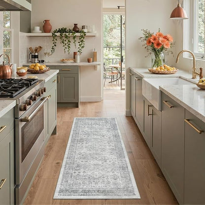 GENIMO 8x10 Area Rugs for Living Room, Machine Washable Non Slip Vintage Rugs, Low Pile Lightweight Chenille Print Rug for Bedroom, Dining Room, Home Office, Grey