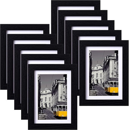 eletecpro 5x7 Picture Frames Set of 10 with Clear Acrylic Cover, Tabletop Decor, Displays 4x6 Photos with Mat or 5x7 Without, Horizontal or Vertical, Desktop Stand, Black