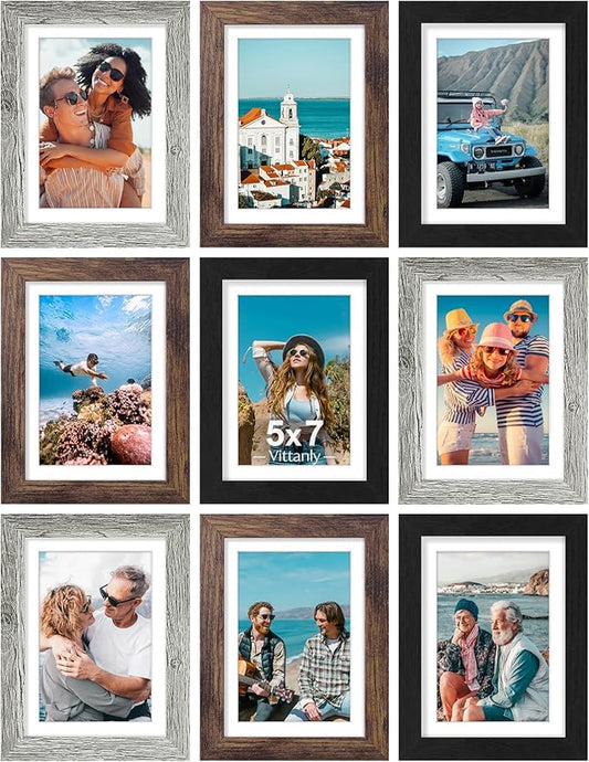 Vittanly 5x7 Picture Frames Set of 9, Display 4x6 Pictures with Mat or 5x7 without Mat, Photo Frames for Wall or Tabletop with Plexiglass, Engineered Wood, Black&Brown&Grey