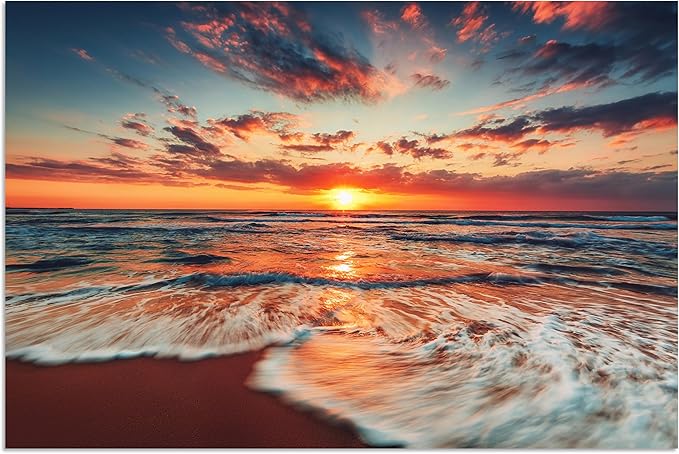 TutuBeer 1 Panel Picture of the Beach Ocean Pictures Blue Sea Beach at Sunrise Art Print on Canvas Sea Wall Decor Ocean Wall Art Seascape Canvas Stretched and Framed 20" x 30"