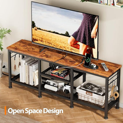 Furologee TV Stand with Power Outlets, Entertainment Center with Open Storage Shelves for TVs up to 55 Inch, Media Console Table with Soundbar Shelf for Living Room, Bedroom, Rustic Brown
