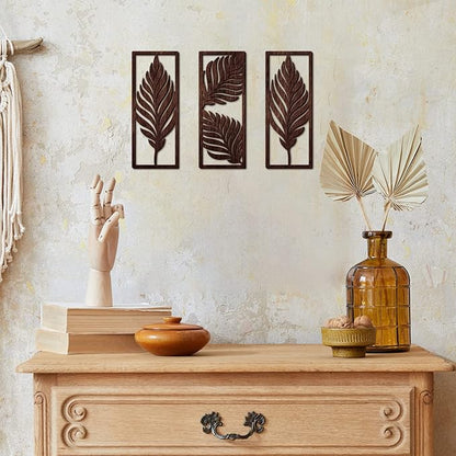 3 Pcs Palm Leaves Wooden Art Wall Decor 14.57 x 5.79 Inch Boho Wood Leaves Plant Wall Accent Vintage Tropical Plant Plaque for Home Bathroom Living Room Bedroom Office Decoration