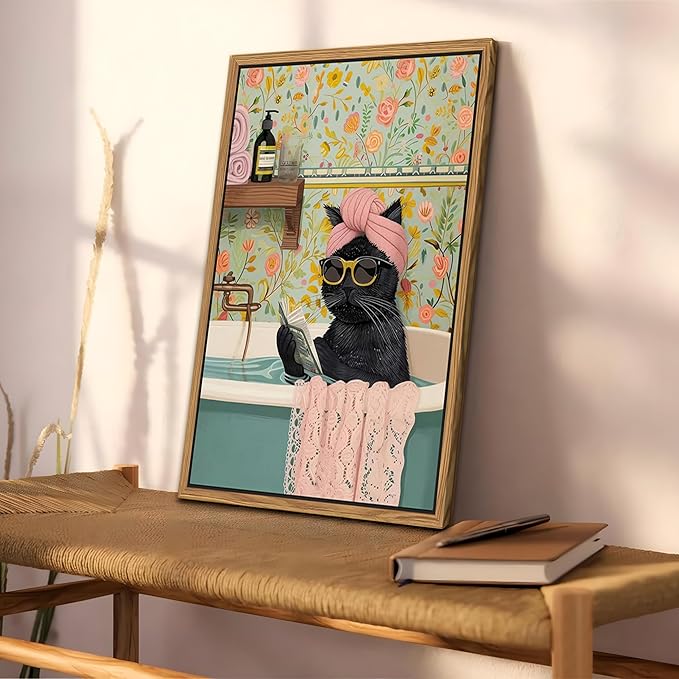 Floating Framed Bathroom Cat Canvas Wall Art, Funny Black Cat Reading Wall Decor, Cute Animal Prints Pictures Posters for Living Room Bedroom Toilet Kids Room Paintings 12x16 inch