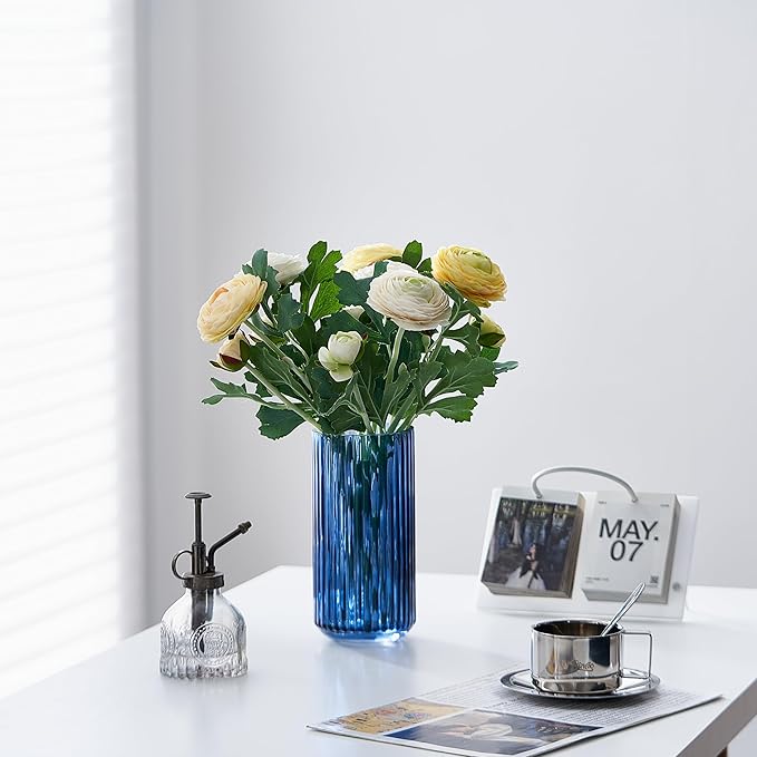 TIMEFOTO 7.5 inch Blue Glass Flower Vase for Pampas Grass, Medium Decorative Centerpiece Ribbed Vase for Dining Table, Office Desktop, Shelf Bookshelf, Mantel, Entryway, Bathroom, Countertop,Gift