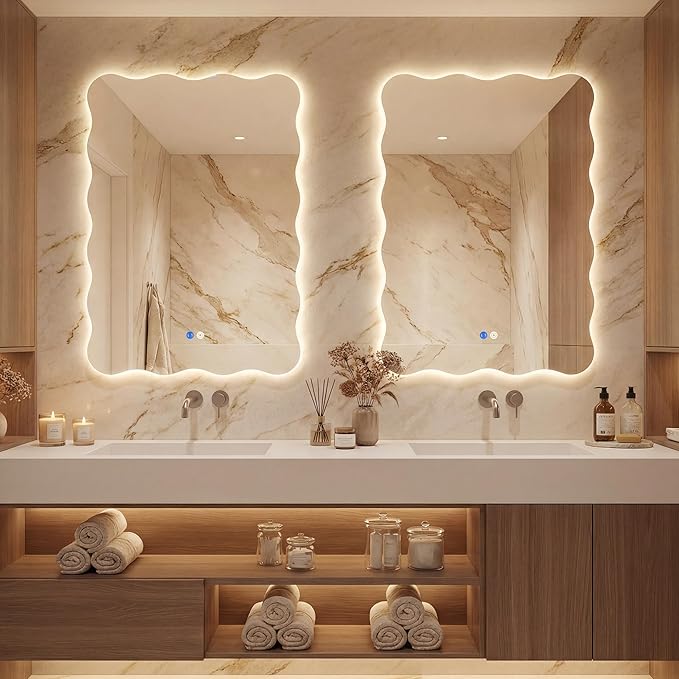 Dorlicecass Wavy Led Bathroom Mirror- Vanity Mirror with Lights IP54 Enhanced Anti-Fog, 20"x30" Single Piece 3 Colors Dimmable, Memory,Tempered Glass,UL Listed