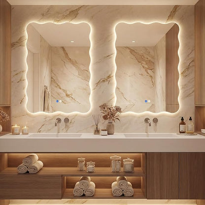 Dorlicecass Wavy Led Bathroom Mirror- Vanity Mirror with Lights IP54 Enhanced Anti-Fog, 20"x30" Single Piece 3 Colors Dimmable, Memory,Tempered Glass,UL Listed