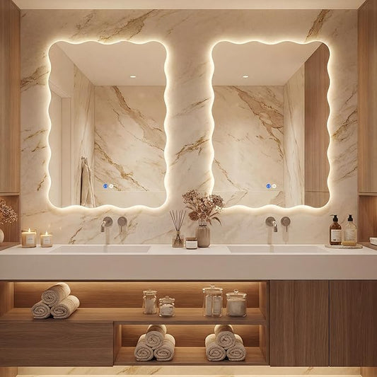Dorlicecass Wavy Led Bathroom Mirror- Vanity Mirror with Lights IP54 Enhanced Anti-Fog, 20"x30" Single Piece 3 Colors Dimmable, Memory,Tempered Glass,UL Listed