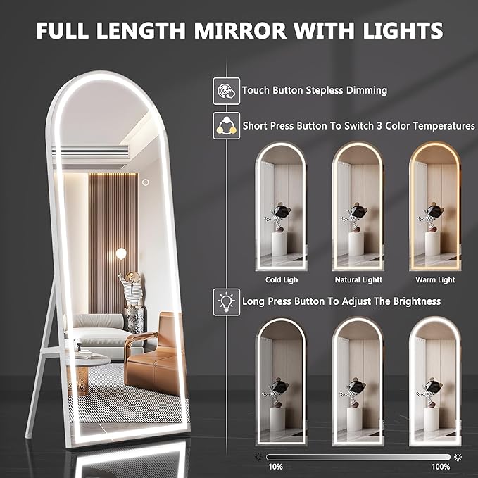 Hasipu 95" X 40" Full Length Mirror with Lights, White Frame Arch Led Mirror Full Length and 3 Colors Temperatures & Brightness Adjustable,Light Up Mirror Full Body for Bedroom Cloakroom Living Room