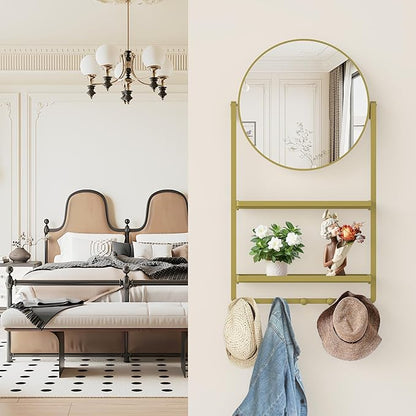 39.5" × 21.7" Gold Round Wall Mirror with Shelf and Hooks, 10° Adjustable Tilt Metal Frame Bathroom Mirror with Shelf for Bedroom, Entryway, Living Room