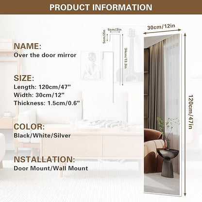 ANYHI Over The Door Mirror, 47" x 12" White Door Mirror Full Lenth, 2 Hooks, Door Mount or Wall Mount, for Bedroom, Living Room, Bathroom