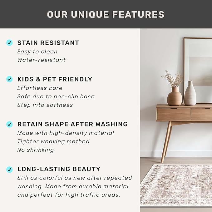 Hazo Haus Washable Neutral Farmhouse Living Room Rug, 4x6 Area Rugs for Bedroom, Nursery Room, Boho Vintage Floral Non-Slip Rug Low Pile Stain Resistant (4x6 Beige/Latte)