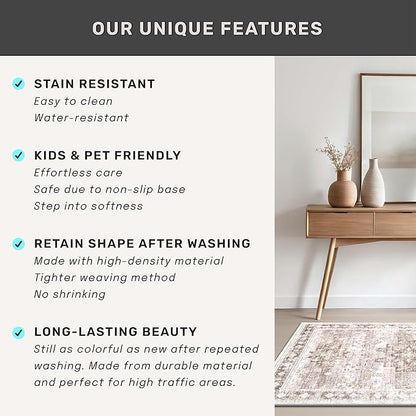 Hazo Haus Beige Boho 3x16 Extra Long Runner Rug for Hallway, Washable Large Kitchen Floor Rug, Non-Slip Stain & Fade Resistant, Vintage Charming Geometric Floral Décor (3x16 Beige/Latte)