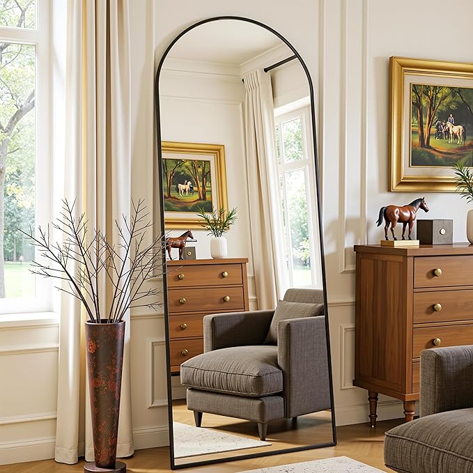 Full Length Mirror, 59"x19" Arched Full Body Mirror, Floor Mirrors with Stand, Body Mirrors Standing Hanging Leaning Against Wall,Aluminum Frame Mirrors for Bedroom Cloakroom,Living Room,Black