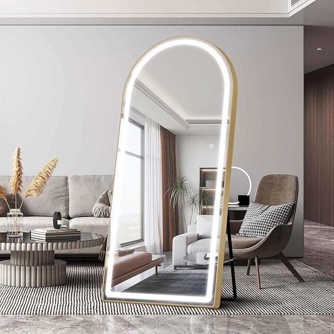 FENNIO Full Length Mirror with Lights, 70"x32" LED Full Body, Free Standing Lighted Floor Mirror, Wall Mounted Hanging Mirror for Bedroom, Salon, 3-Color Lighting, Tempered Glass