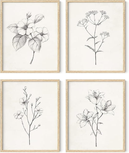 HAUS AND HUES Grey Floral Wall Art - Set of 4 Plant Posters for Wall Vintage, Botanical Prints, Black and White Flower Pictures for Room Aesthetic, Farmhouse Bathroom, Rustic Art (Beige Frame, 8x10)