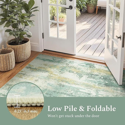 Rugflix 5x7 Area Rugs for Living Room, Washable Large Rug Stain-Resistant Low Pile, Modern Carpet for Dining Room Home Office Kid Room Nursery Bedroom, Light Green
