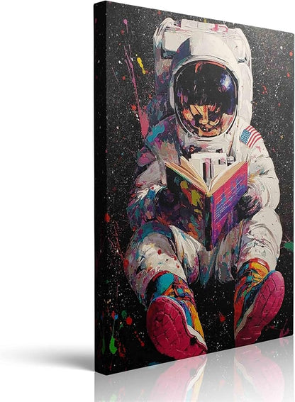 Colorful Pop Astronaut Outer Space Theme Classroom Decor Framed Graffiti Spaceman Contemporary Wall Art Canvas Cool Kids' Gifts Galaxy Prints Banksy Poster Universe Trippy Painting (12"x16")
