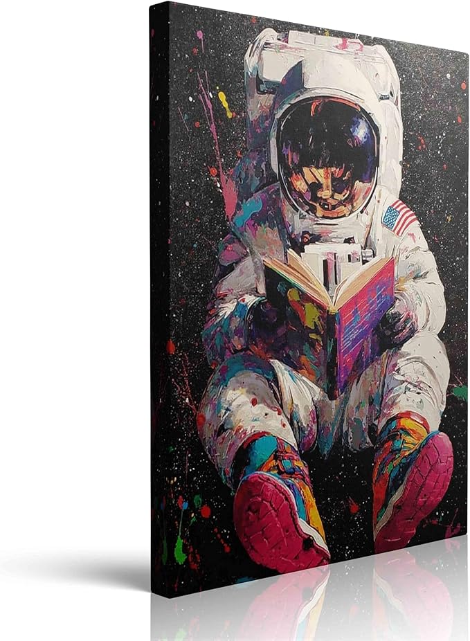Colorful Pop Astronaut Outer Space Theme Classroom Decor Framed Graffiti Spaceman Contemporary Wall Art Canvas Cool Kids' Gifts Galaxy Prints Banksy Poster Universe Trippy Painting (16"x24")