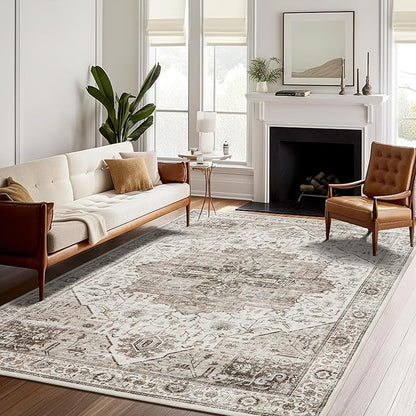 6x9 Area Rugs, Anti-Slip Backing Washable Rug, Stain Resistant Rugs for Living Room Dining Room,Vintage Room Decor Large Rug (Brown,6'x9')