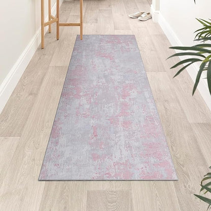 ROYHOME Modern Abstract 2x10 Runner Rug Washable Non Slip Stain Resistant Rug for Hallway Kitchen Bedroom Non Shedding Low Pile Indoor Floor Cover,Grey Pink