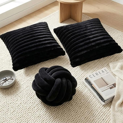 Tegeme Set of 3 Knot Pillow Ball and 18" Throw Pillowcases Fuzzy Striped, Soft Knotted Home Decor Pillow, 2 Faux Fur Cushion Covers Aesthetic Cushion and Cases for Sofa Bed Bedroom Living Room(Black)