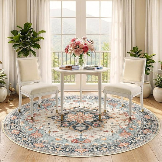 RELEANY Area Rugs Round 5ft Washable Non-Slip, Floral Vintage Distress Print Pattern Medallion Carpet for Living Room Bedroom Dining Room, Beige Navy Blue Orange Colorful