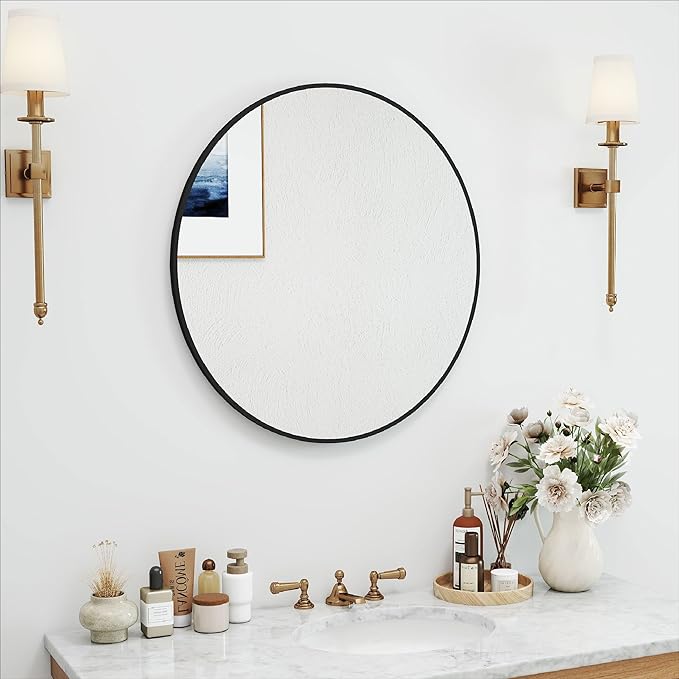 SCWF-GZ 24" Round Mirror Circle Wall Mounted Hanging or Against Wall Aluminum Alloy Metal Frame Dressing Make-up Mirrors for Entryway Bedroom Bathroom Living Room 24 inch Black