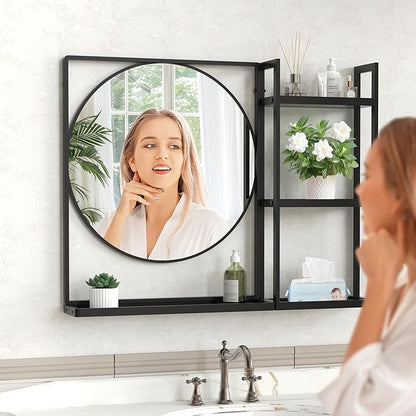 Black Metal Framed Bathroom Mirror with Shelf, 31" X 24.4" Rectangular Wall Mounted Bathroom Vanity Mirror, Modern Bathroom Mirror with Storage for Over Sink, Entryway