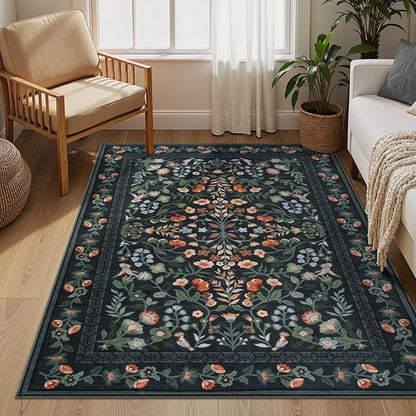 Lahome Black Floral Washable Rug 5x7, Vintage Non Slip Stain Resistant Carpet for Bedroom Kitchen Entryway, Low-Pile Soft Boho Rug for Living Room Office, Machine Washable Home Decor, Black