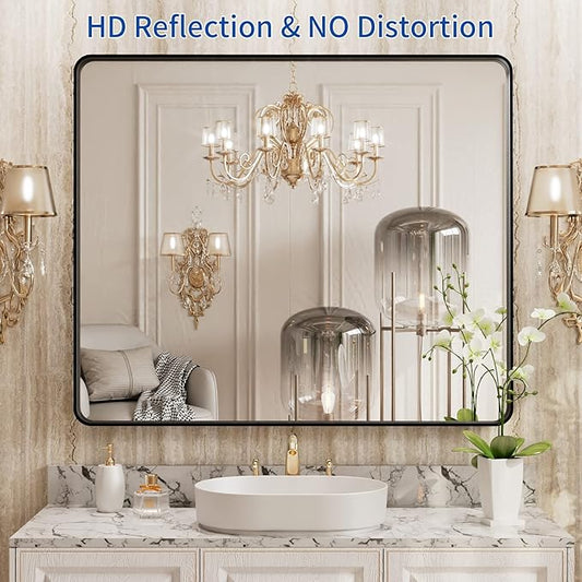 WEER 36X30 Inch Black Metal Framed Bathroom Mirror, Matte Black Bathroom Vanity Mirror, Rectangular Black Wall Mirror for Bathroom, Tempered Glass, Rounded Corner, Hangs Horizontal or Vertical