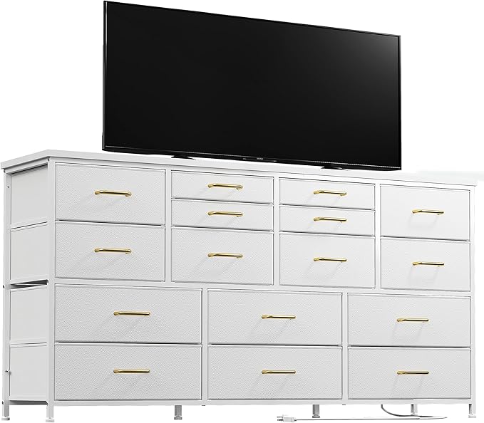 16 Drawers Long Dresser for Bedroom, 51"W Dressers with Power Outlets for 60"Inch TV for Living Room, Entertainment Center with Storage, Media TV Stand Console Table 51.1''W*11.8''D*34.8''H, White