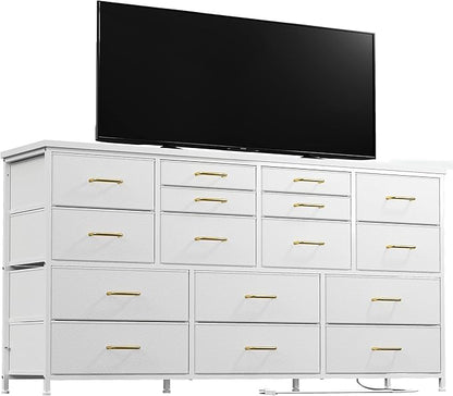 16 Drawers Long Dresser for Bedroom, 51"W Dressers with Power Outlets for 60"Inch TV for Living Room, Entertainment Center with Storage, Media TV Stand Console Table 51.1''W*11.8''D*34.8''H, White