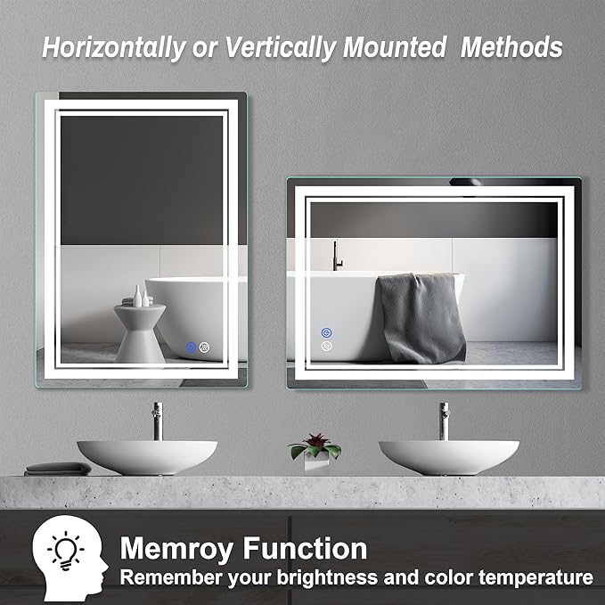 28"x 20" LED Bathroom Mirror Vanity Mirror, Anti-Fog, Dimmable, Color Temperature Adjustable 3000-6000K, Switch-held Memory Led Wall Mirror Suitable for Bathroom, Vanity (Vertical/Horizontal)