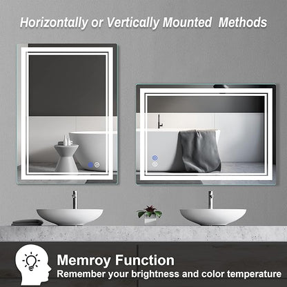 28"x 20" LED Bathroom Mirror Vanity Mirror, Anti-Fog, Dimmable, Color Temperature Adjustable 3000-6000K, Switch-held Memory Led Wall Mirror Suitable for Bathroom, Vanity (Vertical/Horizontal)