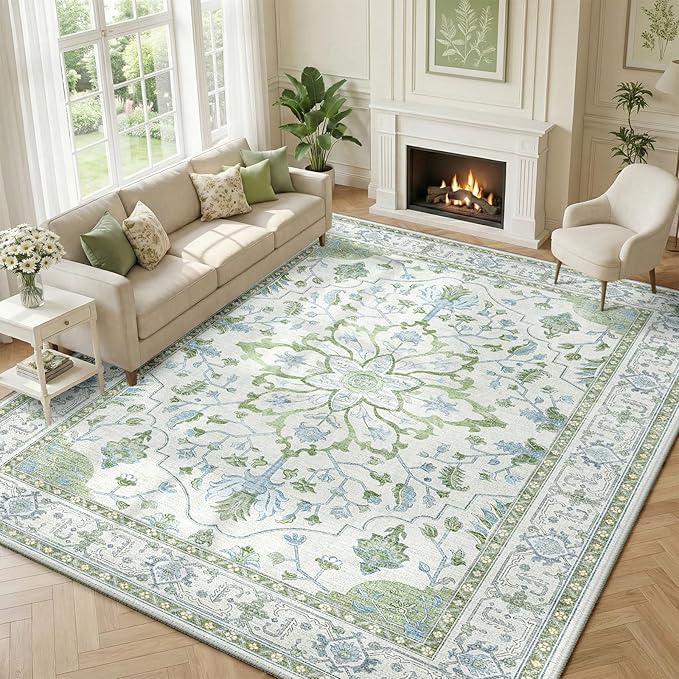 RELEANY Area Rugs 10'x12' Washable Non-Slip, Floral Vintage Distress Print Pattern Medallion Carpet for Living Room Bedroom Dining Room, Green White Blue
