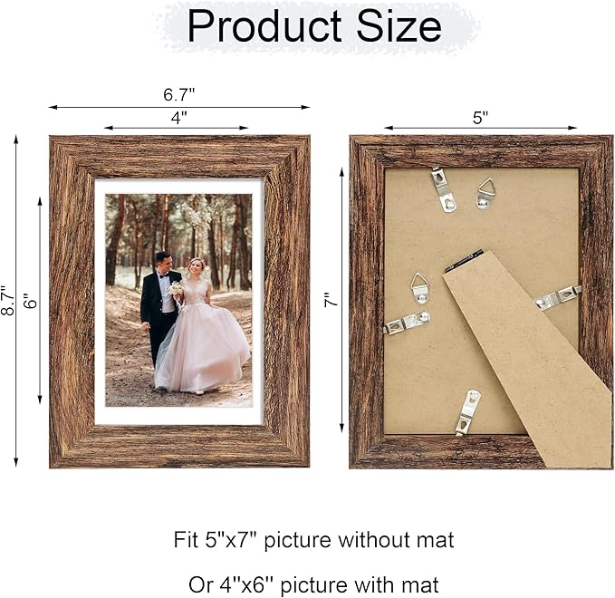 iRahmen 5x7 Picture Frame Set of 2 with High Definition Glass, Wood Photo Frame Display Pictures 4x6 with Mat or 5 x 7 without Mat for Table top and Wall Mounting