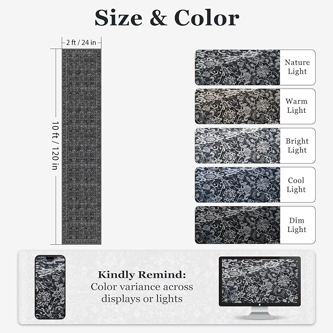 Dark 2x10 Rug Runners for Hallways Non Slip, Long Kitchen Runner Rugs Non Skid Washable, Vintage Famrhouse Low Pile Thine Carpet Runners for Entryway Corridor Mudroom Foyer, Midnight