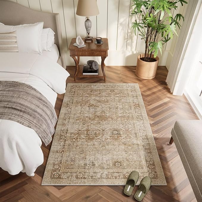 Washable 3x5 Entryway Rug, Boho Non-Slip Vintage Distress Small Rugs for Kitchen Nursery Office Bedroom, 0.3" Neutral Oriental Throw Thin Carpet with Cushioning Pad, Brown/Multi, C1