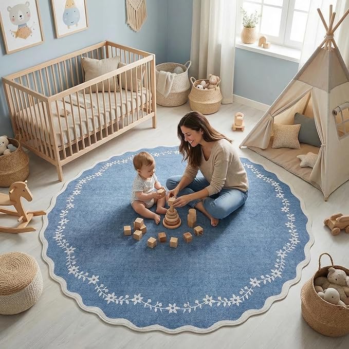 GarveeHome Round Area Rugs 5ft for Bedroom, Solid Navy Washable Circle Rug Soft Non Slip Floral Print Floor Mat Carpet Indoor Thin Rug for Kids Room Dining Room Playroom Nursery