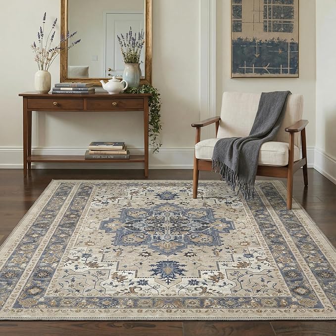 GENIMO 2x6 Runner Rugs for Hallway, Machine Washable Non Slip Vintage Rugs, Low Pile Lightweight Soft Print Carpet for enrtyway, Corridor, Home Office, Kitchen, Blue Cream