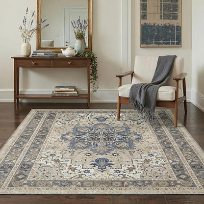 GENIMO 2x6 Runner Rugs for Hallway, Machine Washable Non Slip Vintage Rugs, Low Pile Lightweight Soft Print Carpet for enrtyway, Corridor, Home Office, Kitchen, Blue Cream