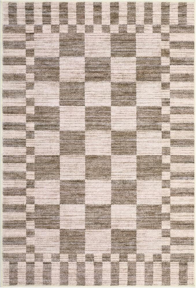 GarveeHome Brown Checkered Rug 2x3 Washable Rug Non-Slip for Entryway, Geometric Tan Brown Print Soft Low-Pile Small Area Rugs,Beige Neutral Modern Geometric Rugs for Kitchen