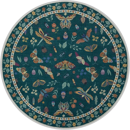 Lahome Insect Washable Round Rugs, Non-Slip Soft Round Rug 4ft Ultra-Thin, Small Boho Circle Carpet for Entryway Kitchen Bedroom Nursery Bathroom Vionnet, Dark Green